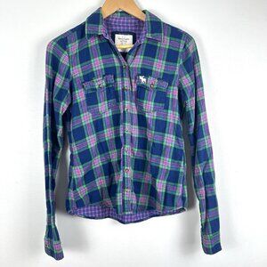 ABERCROMBIE & FITCH Women’s‎ S Blue Pink Plaid Button Up Shirt Y2K Preppy Fitted